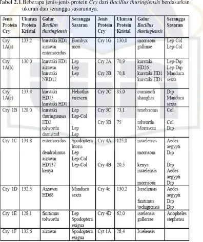 Tabel 2.1.Beberapa jenis-jenis protein Cry dari Bacillus thuringiensis berdasarkan 