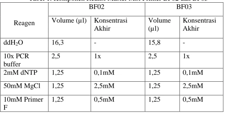 Tabel 1. Komponen Reaksi Master Mix Primer BF02 dan BF03 BF02 