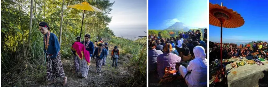 Figure 3.  Labuhan Gunung Merapi, a ritual expressing reverence or adoration to the spiritual ruler of Merapi Source: www.tempo.co, 2014 (left) and www.travel.detik.com, 2012 (center and right) 