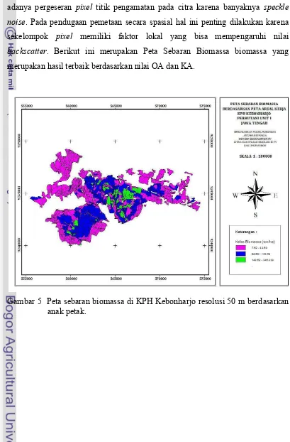 Gambar 5  Peta sebaran biomassa di KPH Kebonharjo resolusi 50 m berdasarkan 
