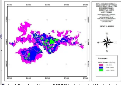 Gambar 6  Peta sebaran biomassa di KPH Kebonharjo resolusi 50 m berdasarkan 