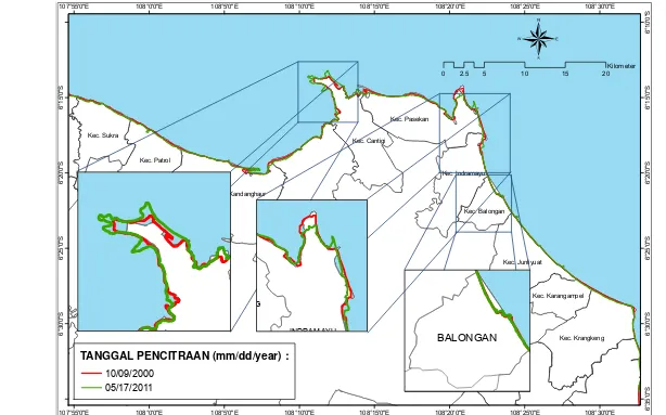 Gambar 12. Hasil analisa perubahan garis pantai Indramayu dengan menggunakan citra Landsat tahun perekaman 2000 dan 2011  