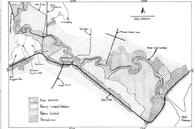 Gambar 9  Peta isolasi habitat bekantan di sekitar Sungai Kuala Samboja. 