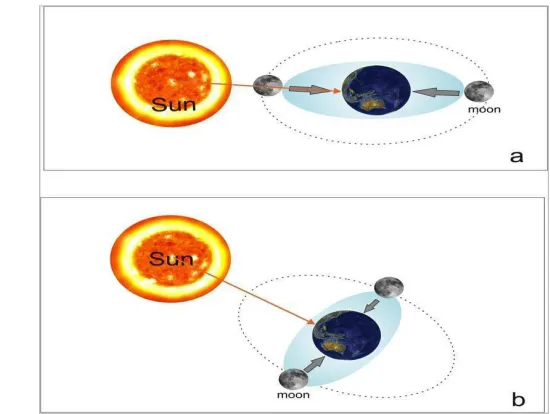 Figure 2.3. Sun-earth-moon system affecting spring tide (a) and neap tide (b) 