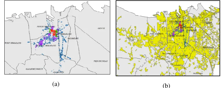Figure 2.5. Building and construction distribution over Semarang city in (a) red in 1600, green is increasing until 1741, violet is increasing until 1880, blue is increasing until 1927 and (b) yellow is increasing until 2009 