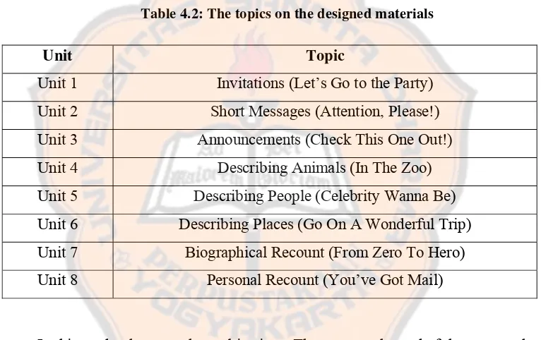 Table 4.2: The topics on the designed materials 