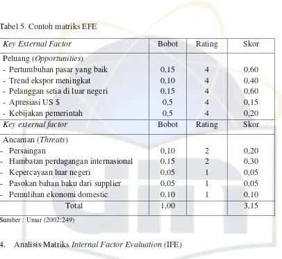 Tabel 5. Contoh matriks EFE  