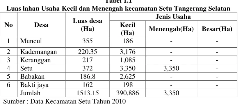 Tabel 1.1 Luas lahan Usaha Kecil dan Menengah kecamatan Setu Tangerang Selatan 