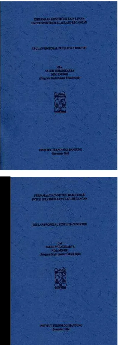 Gambar B.1. Contoh sampul lunak (soft cover) warna biru tua dan teknik penjilidan. Atas: jilid cetak