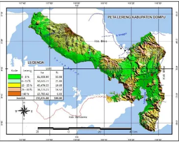 Gambar 4. Peta Lereng Kabupaten Dompu (Sumber: kompilasi data USGS SRTM DEM, 15 Juli 2006)