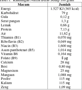 Tabel 1.  Kandungan Nutrisi Beras Setiap 100 gram 