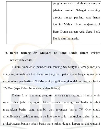 Tabel.6 Berita Tentang Sri Mulyani di Tv One Online 