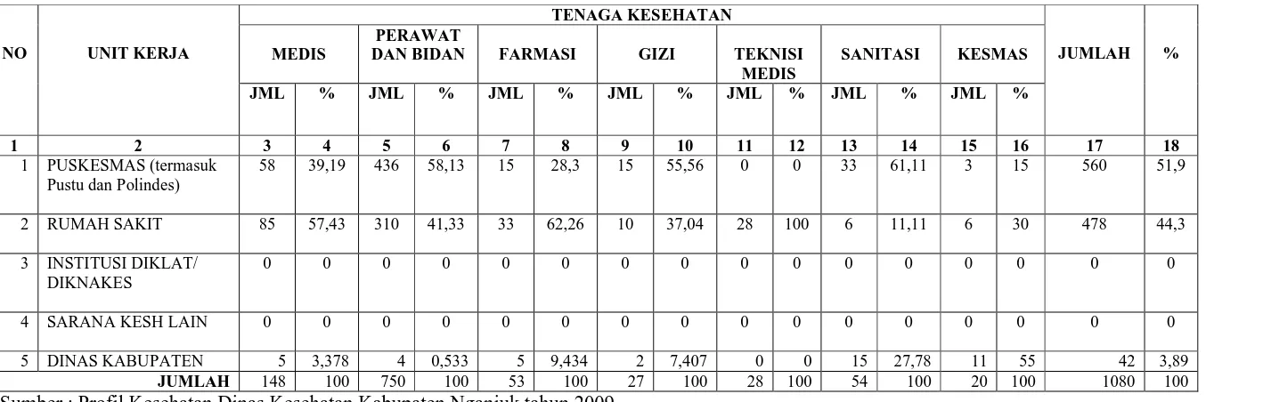 Tabel 2. Penyebaran Tenaga Kesehatan  (status PNS) menurut unit kerja Kabupaten Nganjuk tahun 2008