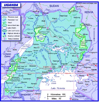 Gambar 1: Peta Uganda menunjukkan distrik dan Landscape umum