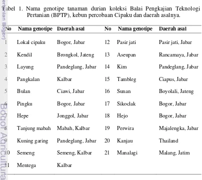 Tabel 1. Nama genotipe tanaman durian koleksi Balai Pengkajian Teknologi     