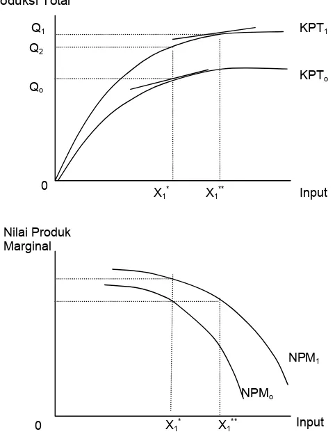 Gambar 1.   Pengaruh Teknologi Baru Terhadap Penggunaan Masukan Produk Total dan Nilai Produk Marginal (Gould and Ferguson, 1980)