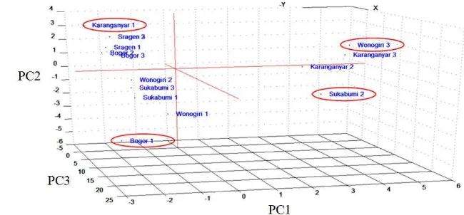 Gambar 8  Plot skor analisis multivariat PCA sebelum reduksi outlier. 