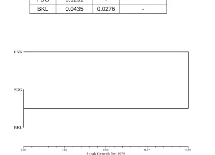 Gambar 4. Fenogram UPGMA berdasarkan jarak genetik Nei 1978 pada Gambar 4. Fenogram UPGMA berdasarkan jarak genetik Nei 1978 pada D