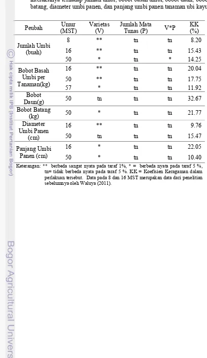 Tabel 3. Rekapitulasi hasil sidik ragam pengaruh varietas, jumlah mata tunas, dan interaksinya terhadap jumlah umbi, bobot basah umbi, bobot daun, bobot batang, diameter umbi panen, dan panjang umbi panen tanaman ubi kayu   