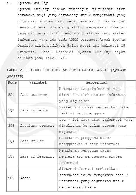 Tabel 2.1. Tabel Definisi Kriteria Gable, at al (System 