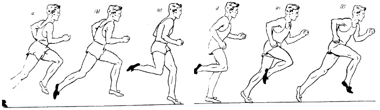 Gambar 4. Teknik Gerakan Lari Cepat 100 Meter (Yahya Tasmaya, 1984:23)  
