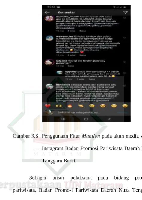 Gambar 3.8   Penggunaan Fitur Mantion pada akun media sosial  Instagram Badan Promosi Pariwisata Daerah Nusa  Tenggara Barat