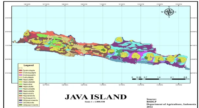 Gambar Lampiran 1. Peta Tanah Pulau Jawa Skala 1:1.000.000 (Sumber: BSDLP, Departemen Pertanian, Indonesia) 