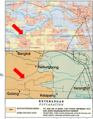 Gambar 4.1. Lokasi quarry agregat Pati pada Peta Rupa Bumi (a) dan Peta Geologi (b), (ditunjukkan dengan anak panah) 