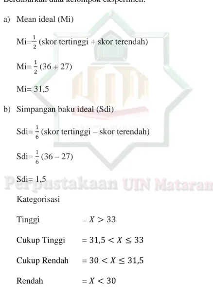 Tabel 4.2 kategorisasi skor kelompok eksperimen 