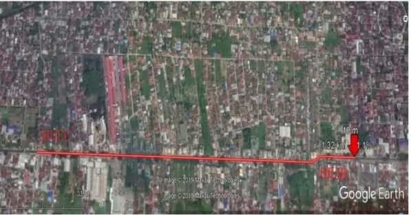 Gambar 4.2. Saluran drainase dan catchment area (Google Earth, 2018)         Luas  Catchment  area  drainase  kawasan  Kelurahan  Tanah  Enam  Ratus  Kecamatan  Medan  Marelan  adalah  7,43  Ha