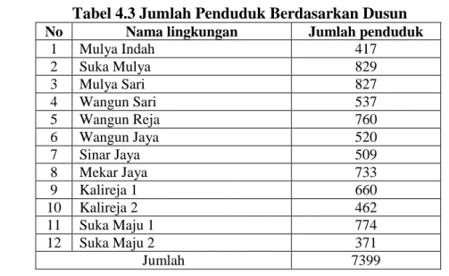 Tabel 4.3 Jumlah Penduduk Berdasarkan Dusun  No  Nama lingkungan  Jumlah penduduk 