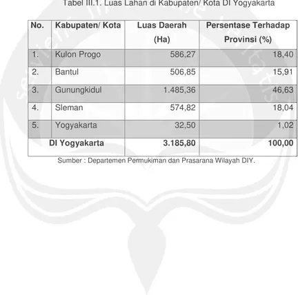 Tabel III.1. Luas Lahan di Kabupaten/ Kota DI Yogyakarta 