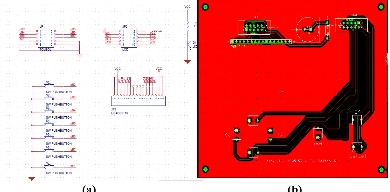 Gambar 3.4.3 (a) Rangkaian modul LCD dan tombol serta (b) layout 