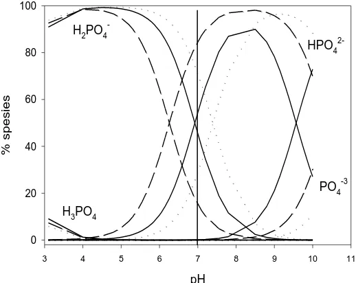 Figure 5. Distribution of phosphate species at various pH values at temperature of (∙∙∙∙∙∙∙∙∙) 10 oC, (– – –) 30 oC and (––––) 50 oC