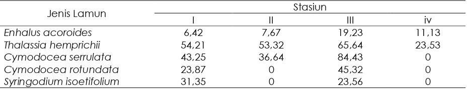 Tabel 1. Rata-rata Kerapatan Jenis Lamun di Lokasi Penelitian (tegakan/m2)  