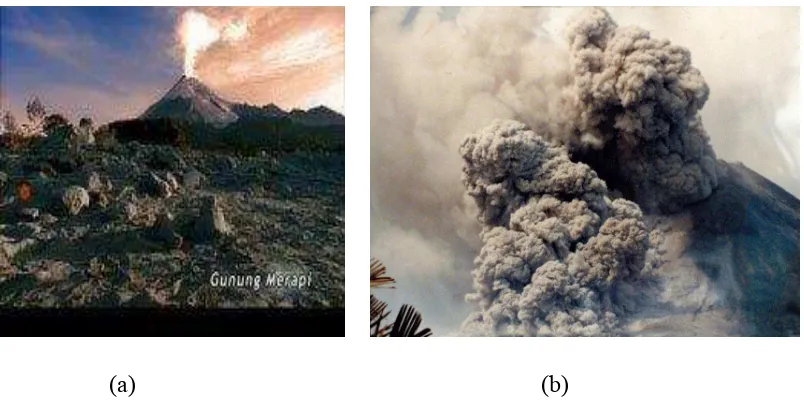 Gambar 1. Foto gunung berapi Merapi. (a). Saat menyemburkan gas panas. (b) awan panas wedus gembel