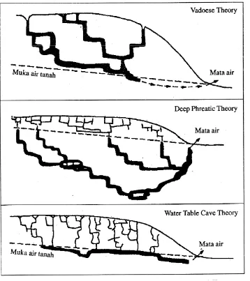 Gambar 1. Teori Terbentuknya Gua pada Batugamping di Daerah Karst      (White, 1988 dalam Kusumayudha, 2005) 
