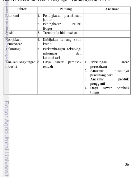 Tabel 15. Hasil Analisis Faktor Lingkungan Eksternal Agria Mushroom 