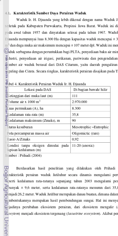 Tabel 4. Karakteristik Perairan Waduk Ir. H. Djuanda 