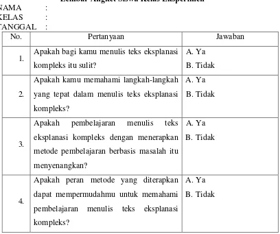 Tabel 3.7 Lembar Angket Siswa Kelas Eksperimen 