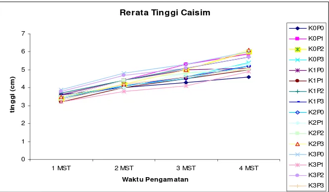 Gambar 1. Grafik rerata tinggi tanaman caisim pada 1 – 4 MST 