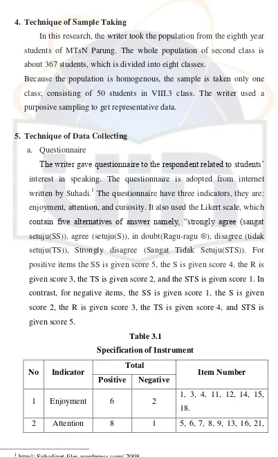 Specification of InstrumentTable 3.1  