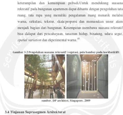 Gambar 3.2 Pengolahan suasana rekreatif (vegetasi, pola bambu) pada koridor&lift 