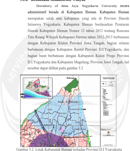 Gambar 3.2. Letak Kabupaten Sleman terhadap Provinsi D.I Yogyakarta (Sumber: Lampiran Rencana Tata Ruang Wilayah Provinsi DIY tahun 2009-2029) 