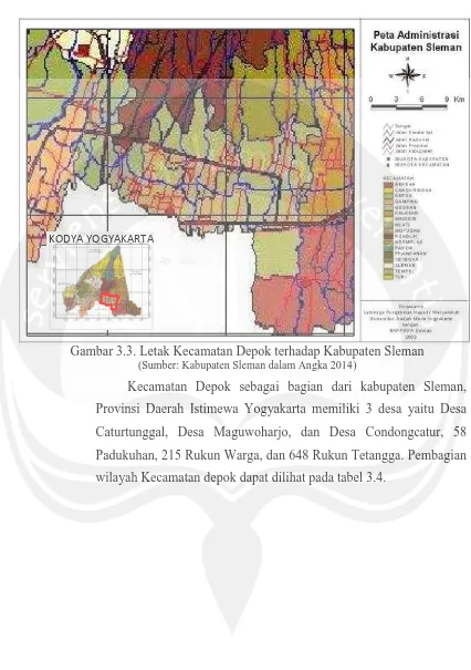 Gambar 3.3. Letak Kecamatan Depok terhadap Kabupaten Sleman  (Sumber: Kabupaten Sleman dalam Angka 2014) 
