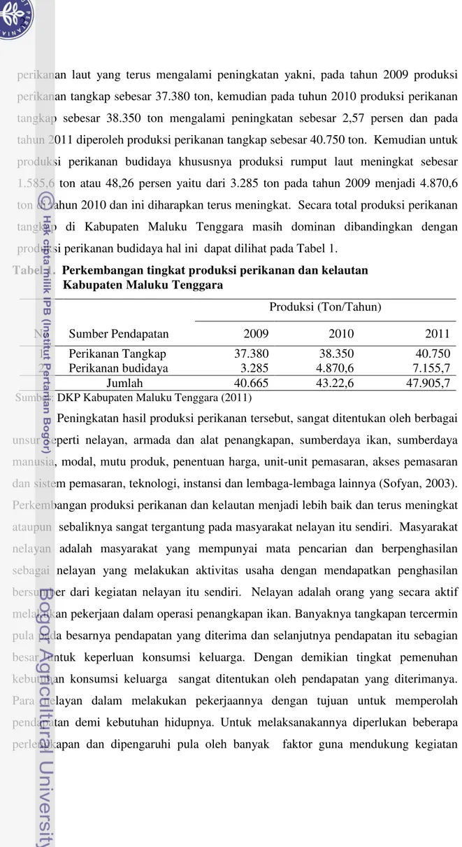 Tabel 1.  Perkembangan tingkat produksi perikanan dan kelautan    Kabupaten Maluku Tenggara  