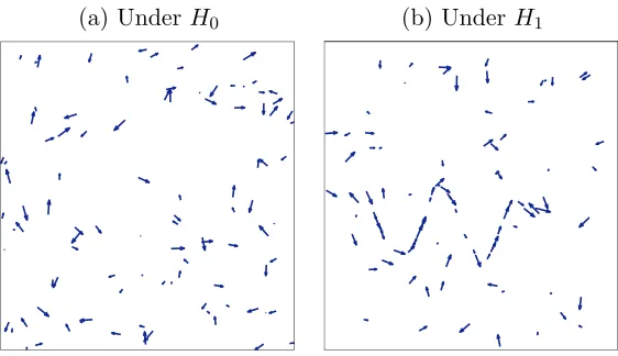 Figure 2: In Panel (a) we observe a realization under the null hypothesis (n = 100). In Panel(b) we observe a realization under the alternative hypothesis (n = 100, n1 = 40).