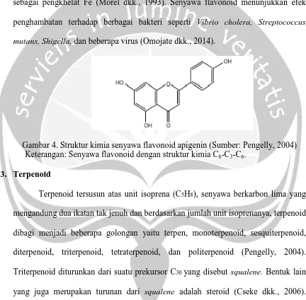 Gambar 4. Struktur kimia senyawa flavonoid apigenin (Sumber: Pengelly, 2004)  Keterangan: Senyawa flavonoid dengan struktur kimia C-C-C