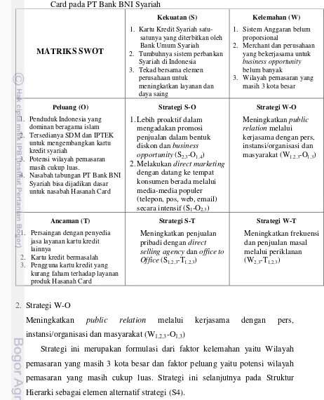 Tabel 8.  Matriks SWOT penentuan Alternatif Strategi promosi Hasanah  