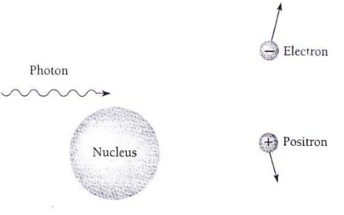 Gambar 4. Proses pembentukan pasangan, dimana foton berubah  menjadi energi positron dan elektron (Beiser, 2003)   